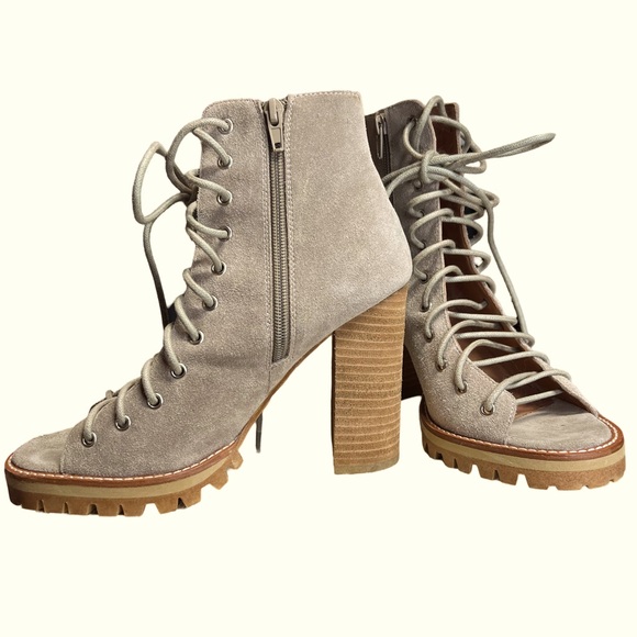 Jeffrey Campbell Free People NWOT Taupe Suede Open Front Lace up 4.5” Heel Shoes - Picture 2 of 11